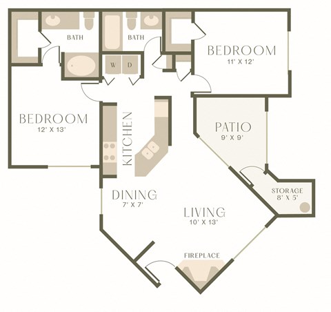 Floor plan for 2 beds, 2 baths, 1050 sqft